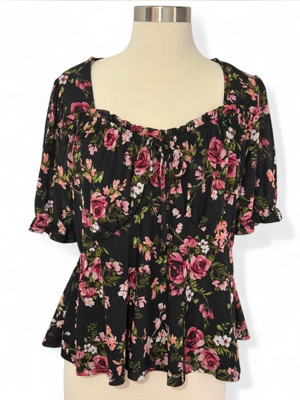 Black Floral Peasant Blouse with Pink Rose Print